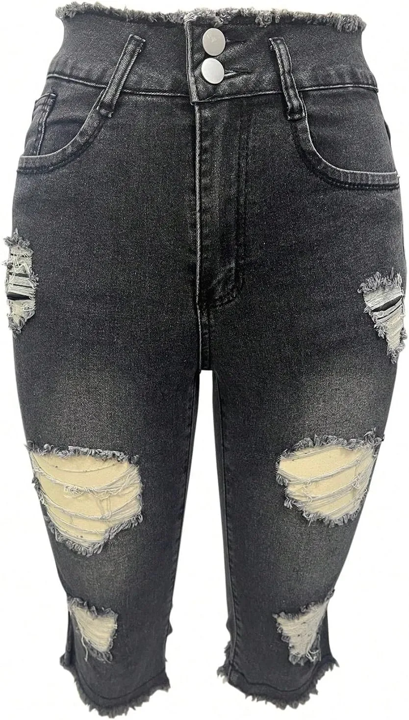 Capri Jeans for Women Stretch Low Rise Ripped Denim Capris Boyfriend Distressed Skinny Jeans with Pockets Cropped Pants