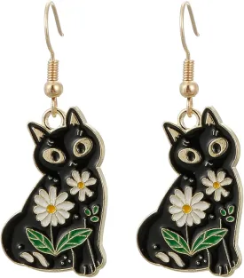 Cat Dangle Earrings, Cute Black Flower Cat Jewelry for Women