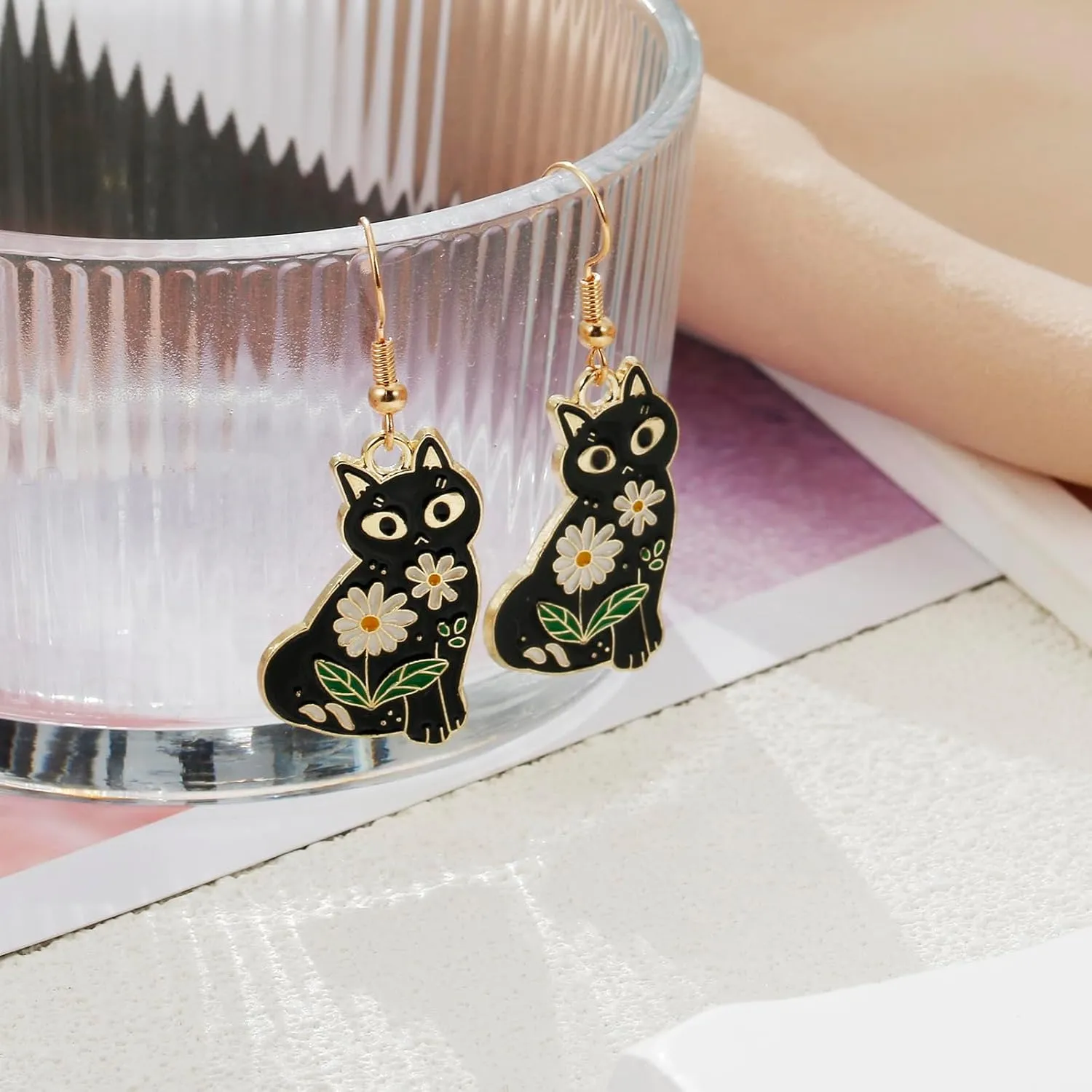 Cat Dangle Earrings, Cute Black Flower Cat Jewelry for Women