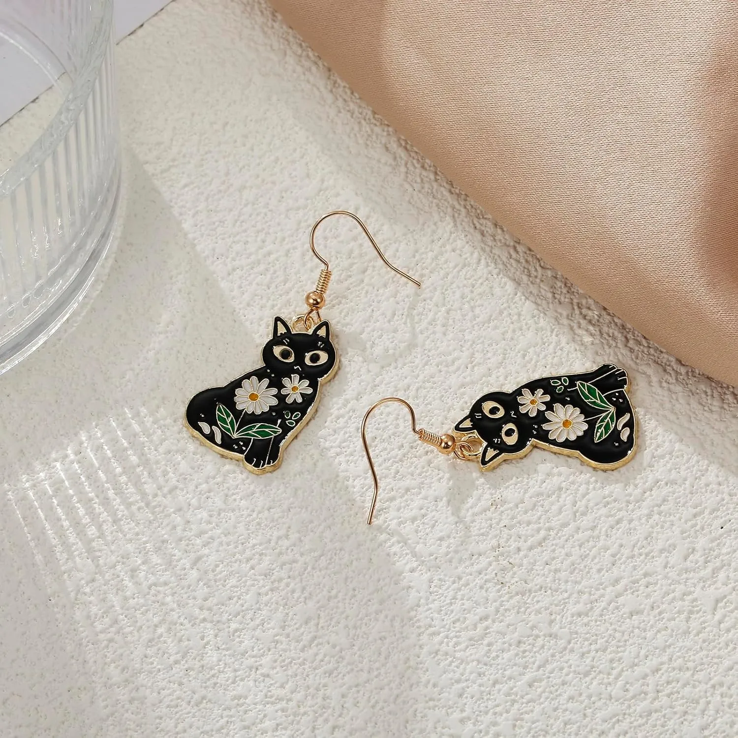 Cat Dangle Earrings, Cute Black Flower Cat Jewelry for Women