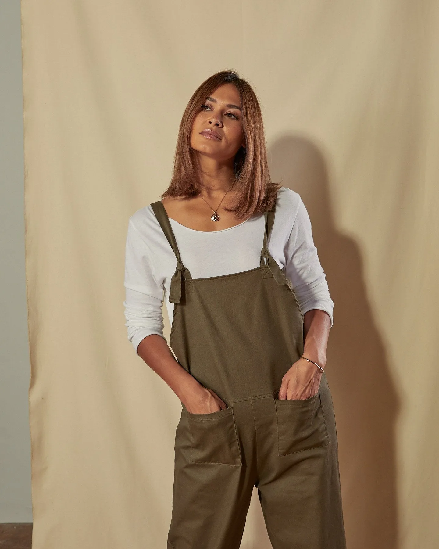 CATHERINE Cotton Twill Dungarees - Khaki