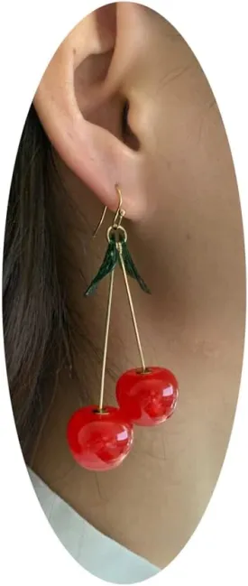 Cherry Earrings for Women 3D Red Crystal Simulation Cherry Drop Earrings Sweet and Lovely Light Weight Fruit Earrings Tassel Earrings Jewelry