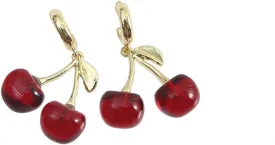 Cherry Earrings For Women, Red Funny Drop Dangle Hoop 18k Gold Plated Fruit Charm Leaf Cute Aesthetic Gift Jewelry