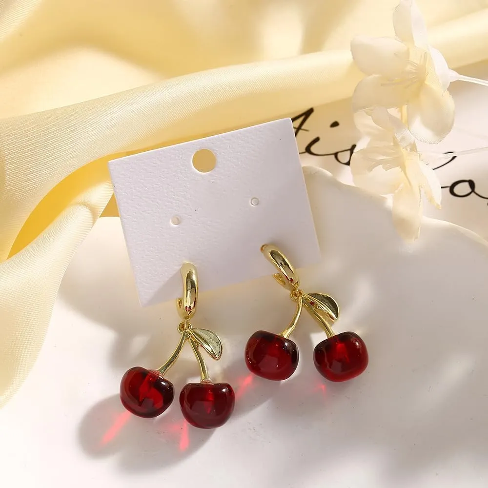 Cherry Earrings For Women, Red Funny Drop Dangle Hoop 18k Gold Plated Fruit Charm Leaf Cute Aesthetic Gift Jewelry