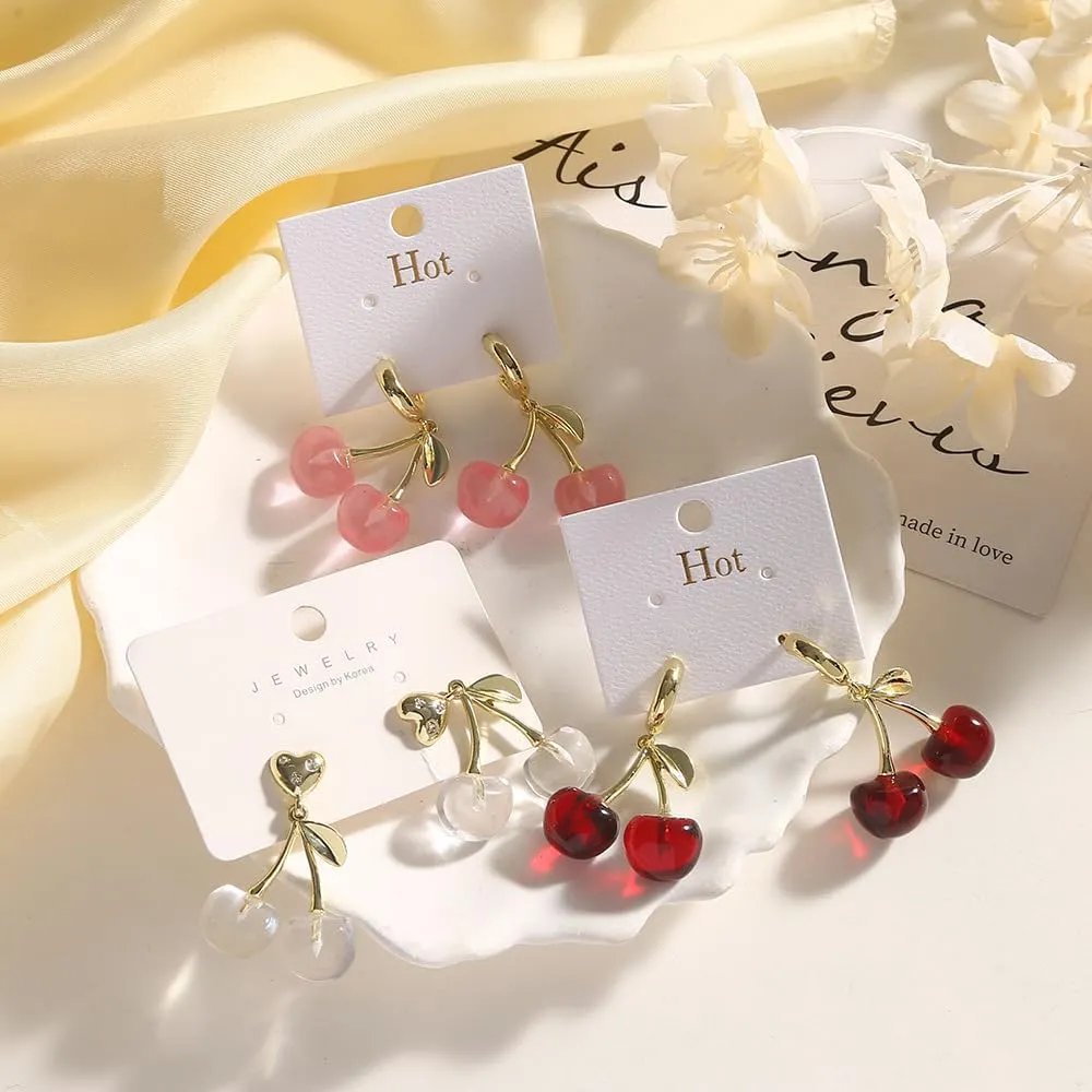 Cherry Earrings For Women, Red Funny Drop Dangle Hoop 18k Gold Plated Fruit Charm Leaf Cute Aesthetic Gift Jewelry