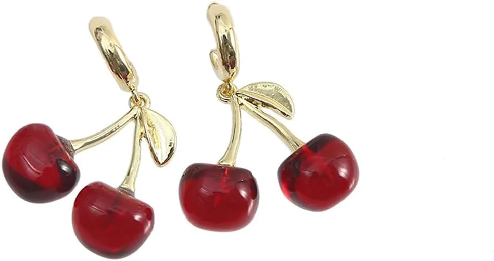 Cherry Earrings For Women, Red Funny Drop Dangle Hoop 18k Gold Plated Fruit Charm Leaf Cute Aesthetic Gift Jewelry