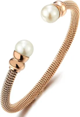 Classic Ladies Stainless Steel Bangle Bracelet with Synthetic White Pearl