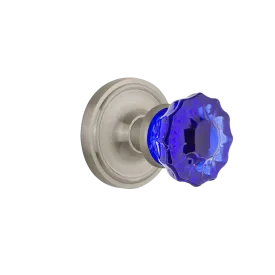 Classic Rosette with Cobalt Crystal Knob in Satin Nickel