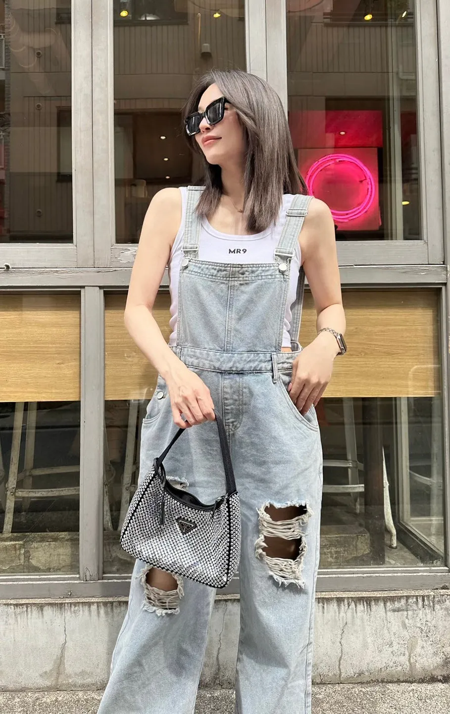 Damage denim salopette