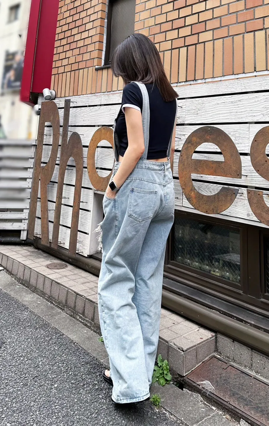 Damage denim salopette