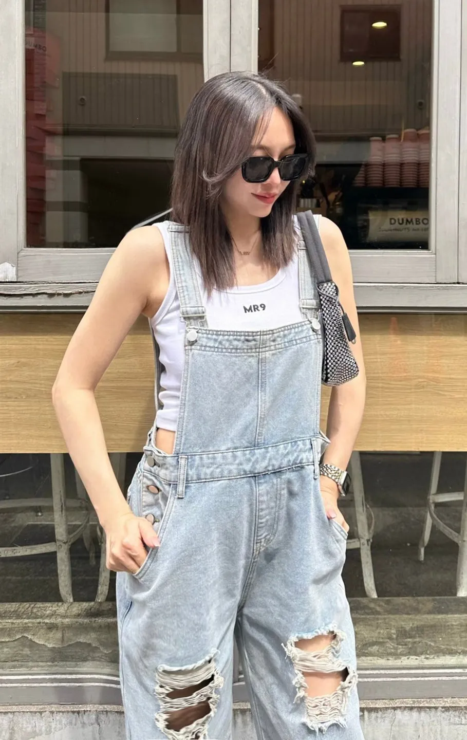 Damage denim salopette
