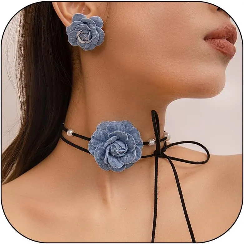 Denim earrings for Women Trendy Flower Jewelry Set Blue Fabric Flower Necklace Earrings Set Camellia Floral Statement Accessories Party Prom Birthday Dresses