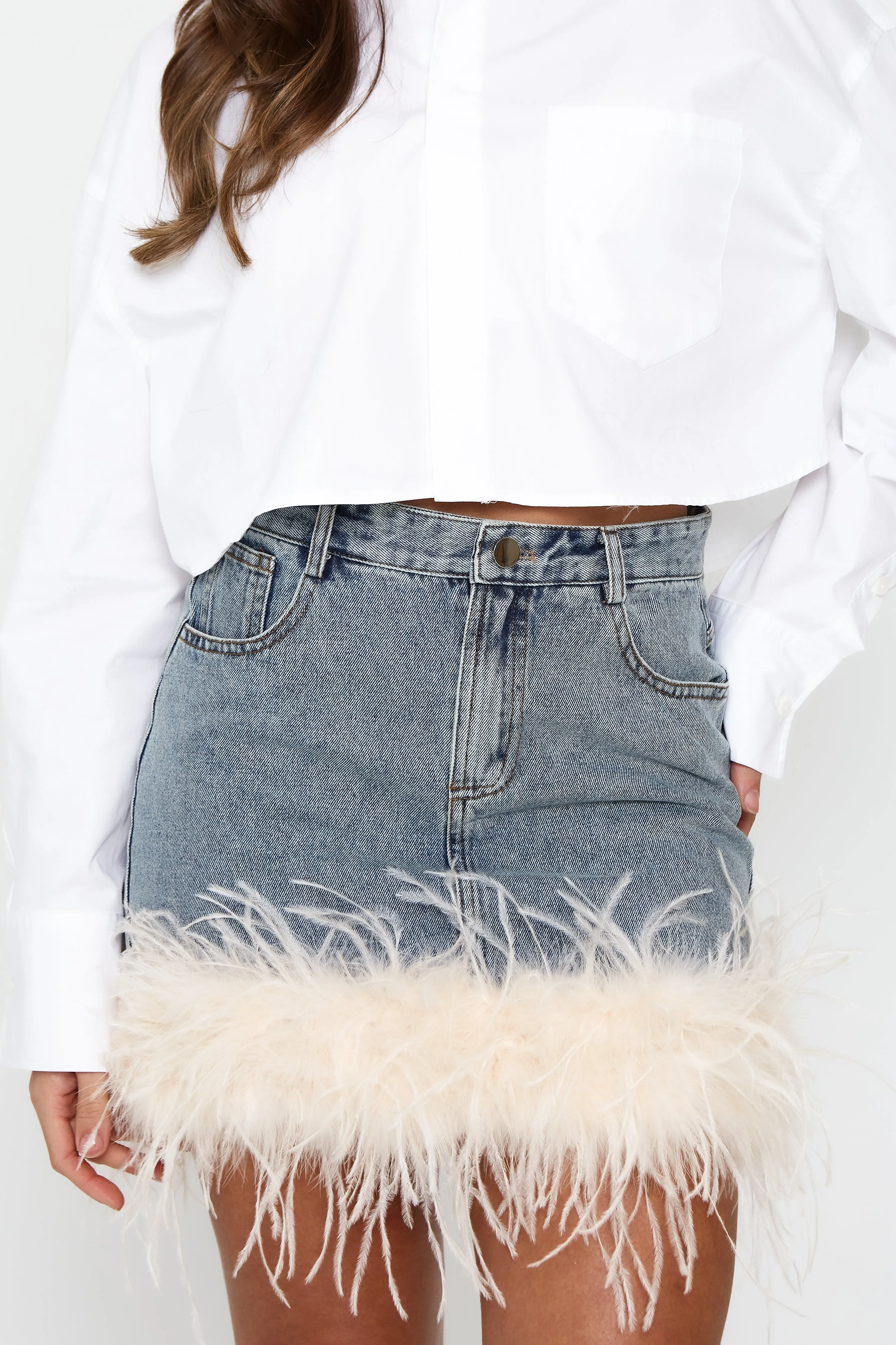 Denim Skirt with Feather Trim