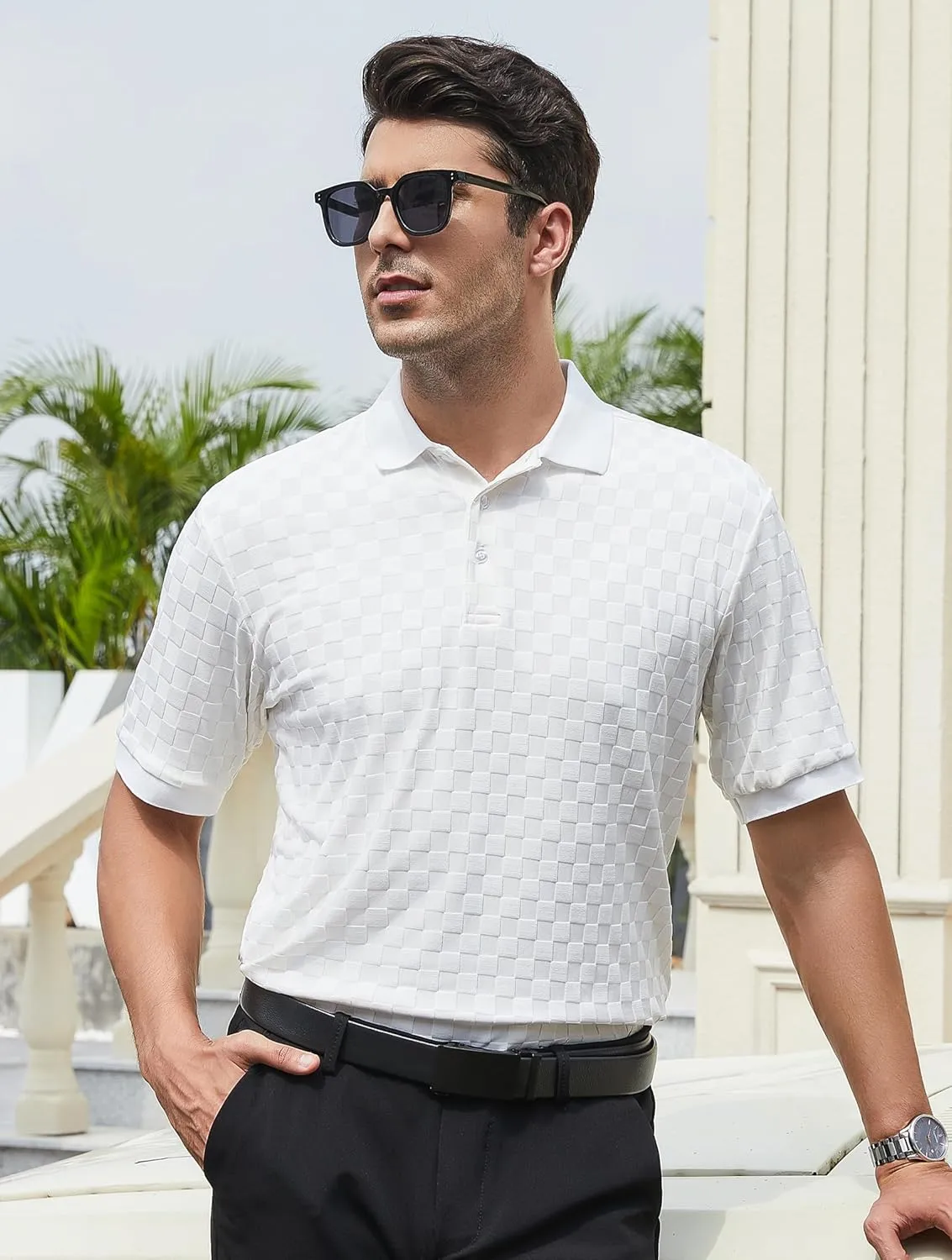 Esabel.C Men's Zipper Polo Shirts Textured Knit Short Sleeve Ribbed Stretchy Polo Shirts for Men