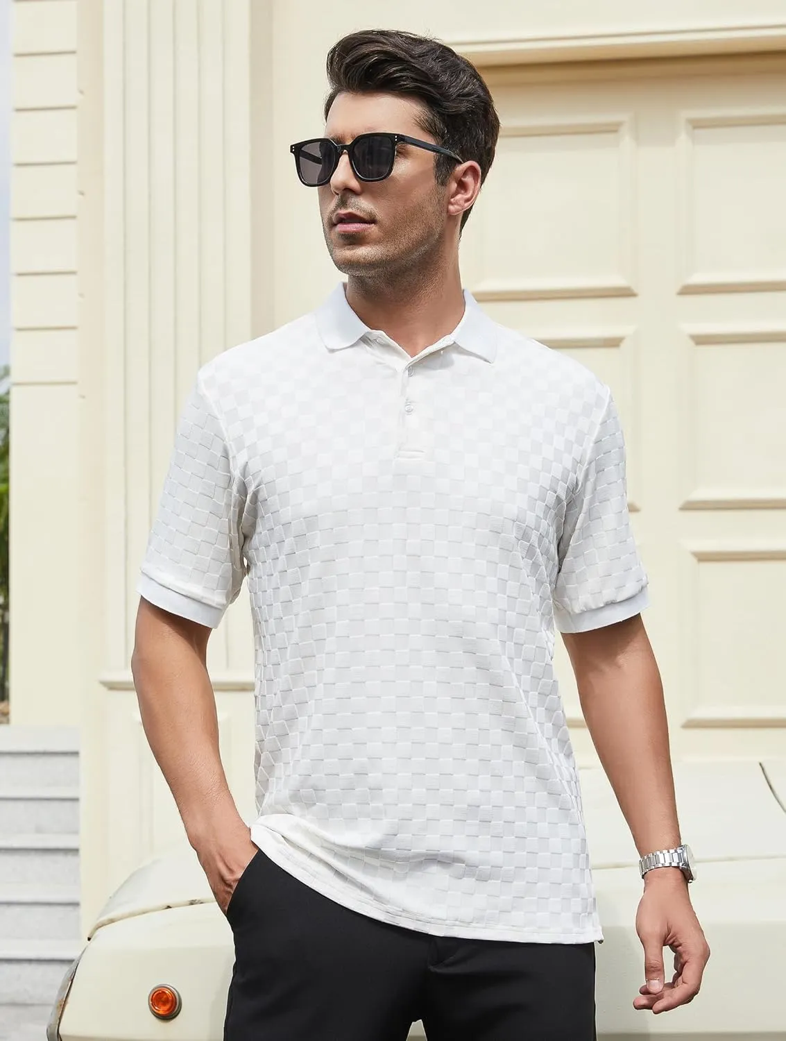 Esabel.C Men's Zipper Polo Shirts Textured Knit Short Sleeve Ribbed Stretchy Polo Shirts for Men
