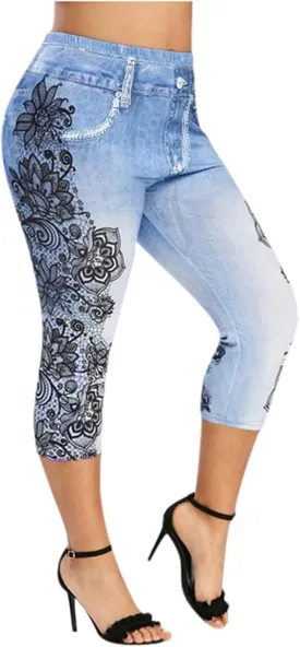 Faux Denim Leggings for Women Plus Size High Waisted Yoga Pants Capri Jeggings Short Tights Stretch Denim Jeans