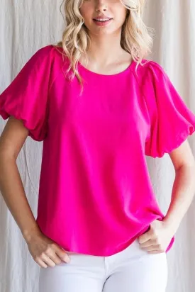 Fiona Solid Short Puff Sleeve Top- Fuchsia