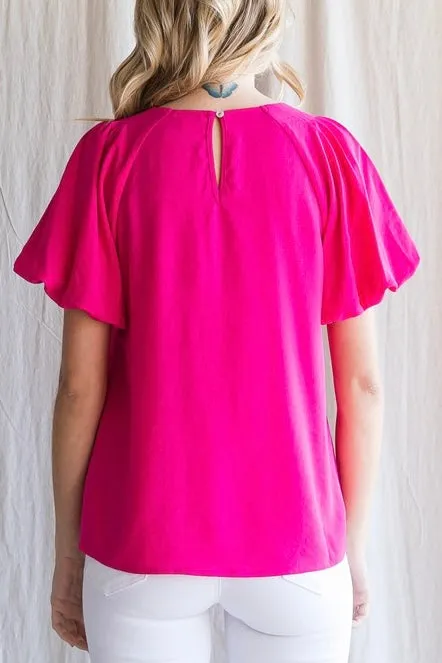 Fiona Solid Short Puff Sleeve Top- Fuchsia