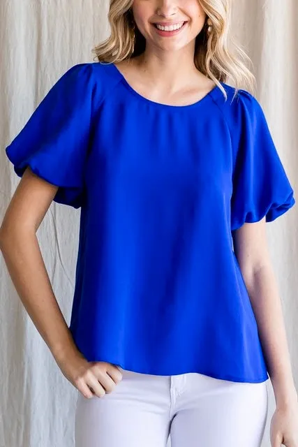 Fiona Solid Short Puff Sleeve Top- Royal Blue