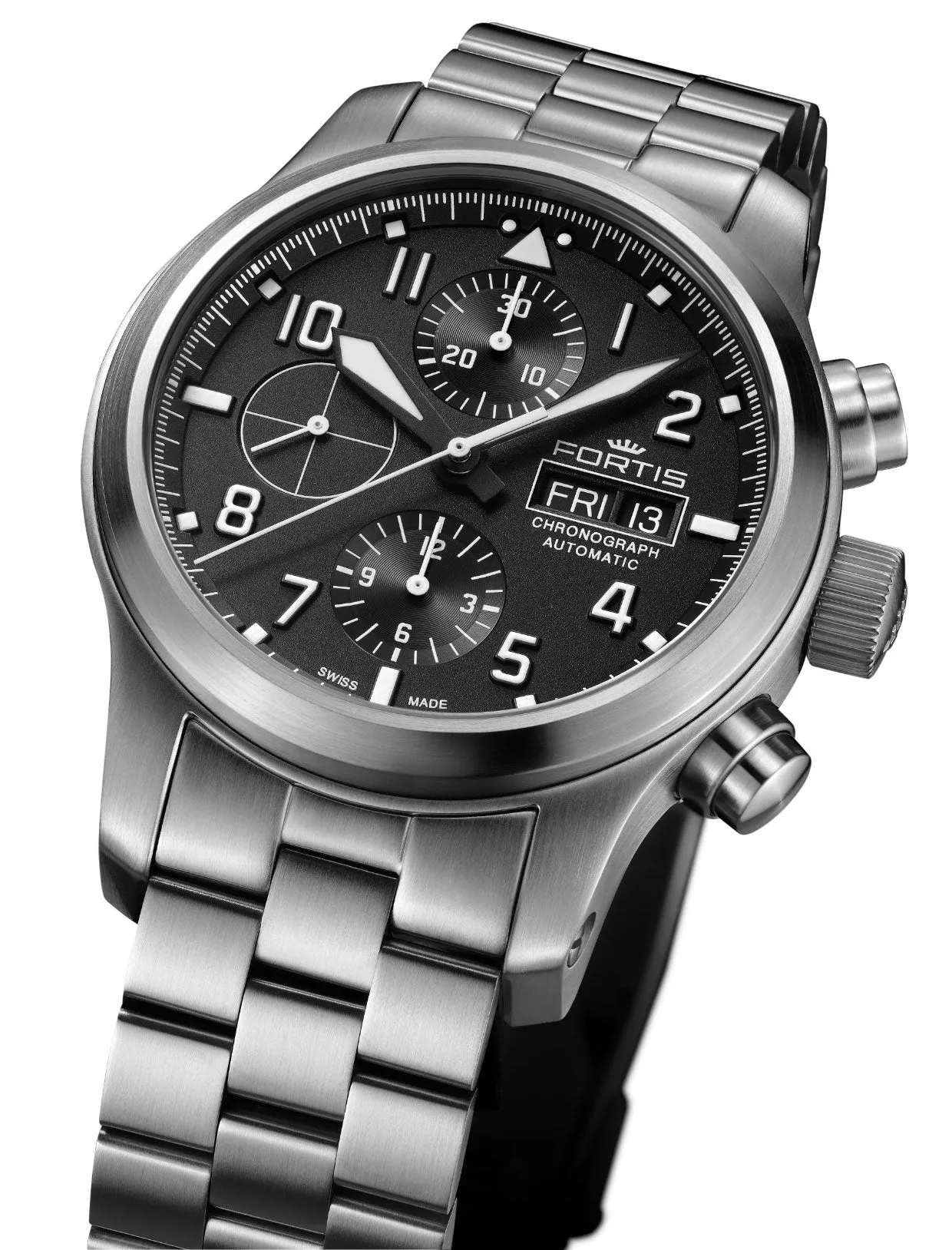 Fortis Aeromaster Automatic Chronograph Stainless Steel Black Dial Day/Date Divers Mens Watch F4040000