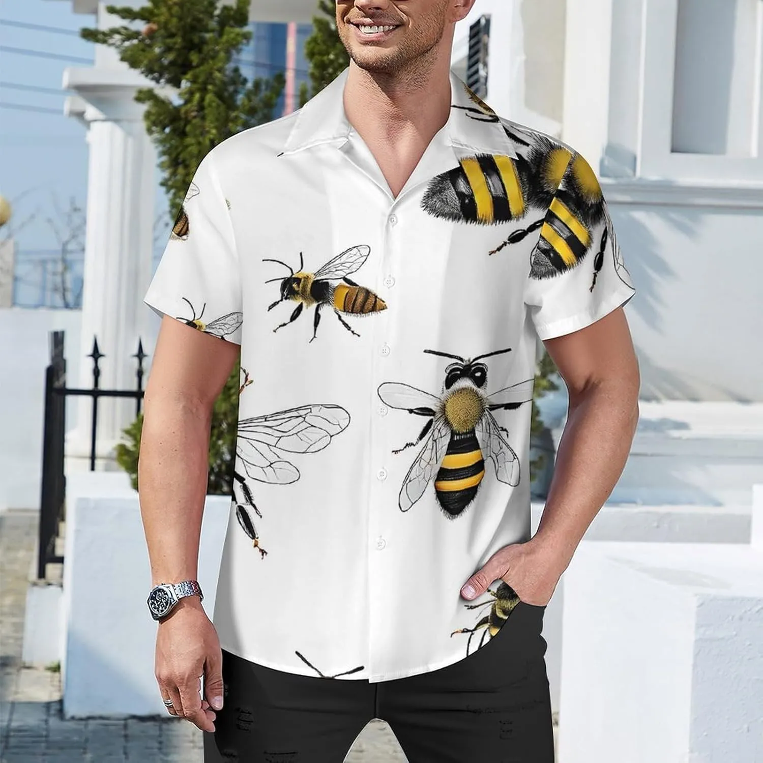 Funny Bees Print Cuban Collar Shirt Classic Design for Comfort and Style