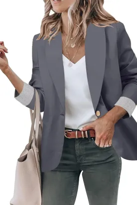 Genhoo Womens Casual Blazer Lightweight A Single Button Work Office Open Front Cardigan with Fake Pockets Dark Gray S