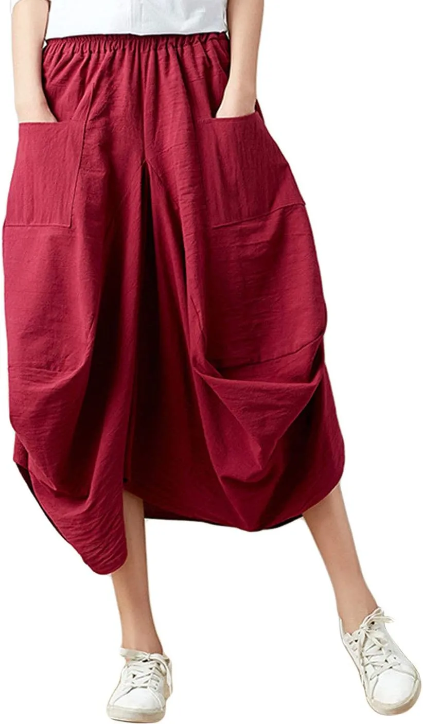 GGUHHU Womens Loose Fit Elastic Waist 2 Pockets Cotton Baggy Lantern Skirt