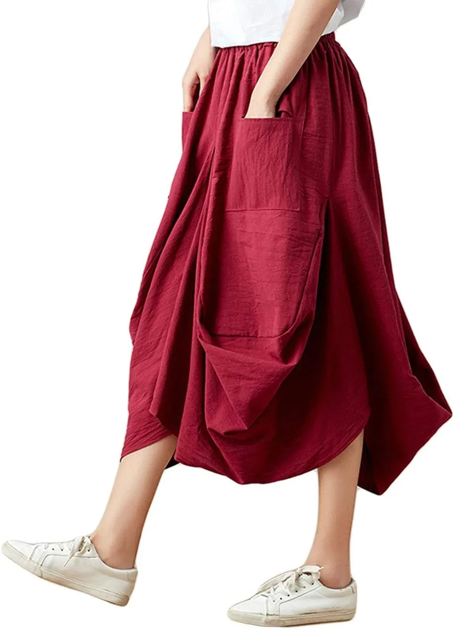 GGUHHU Womens Loose Fit Elastic Waist 2 Pockets Cotton Baggy Lantern Skirt