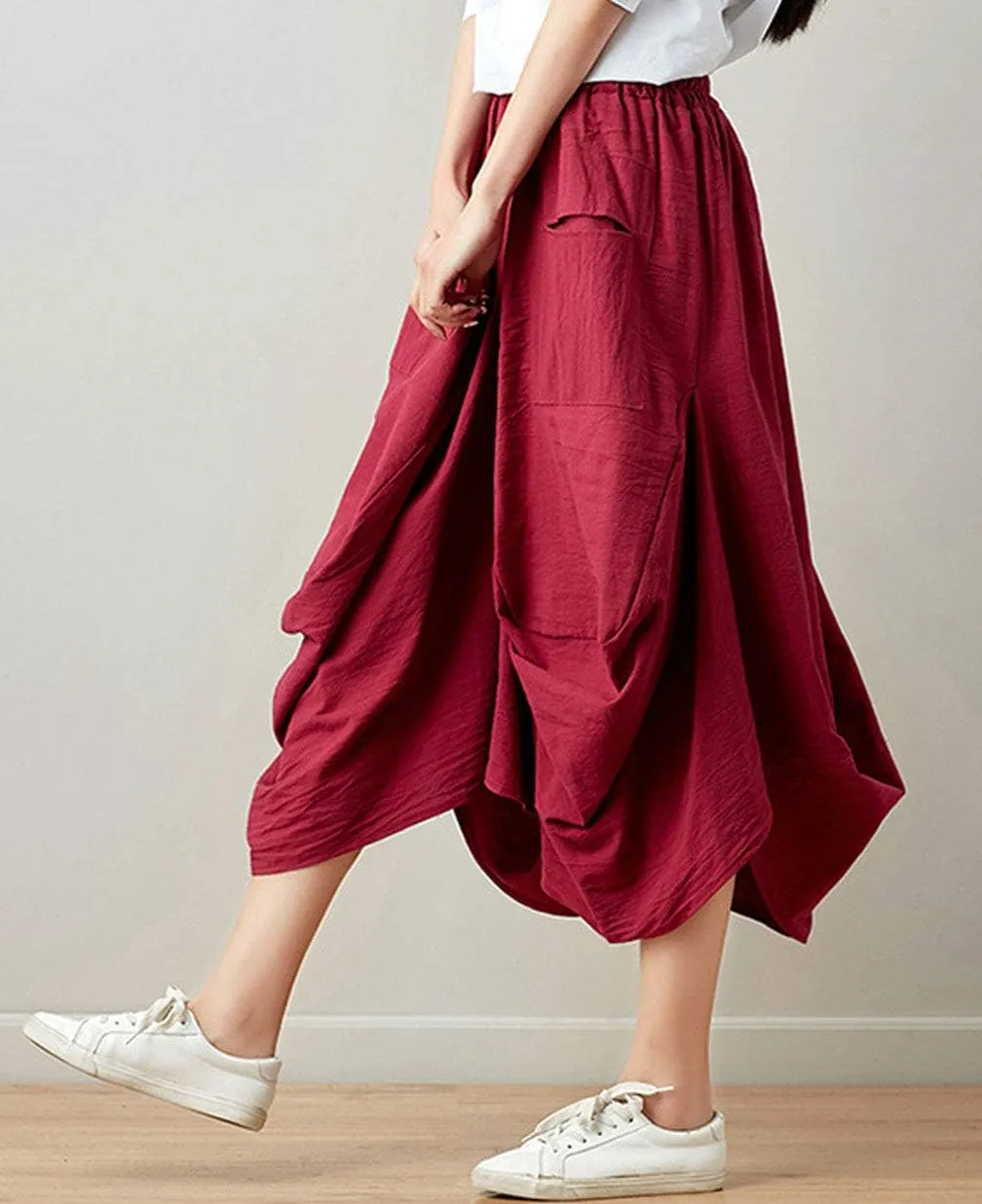 GGUHHU Womens Loose Fit Elastic Waist 2 Pockets Cotton Baggy Lantern Skirt