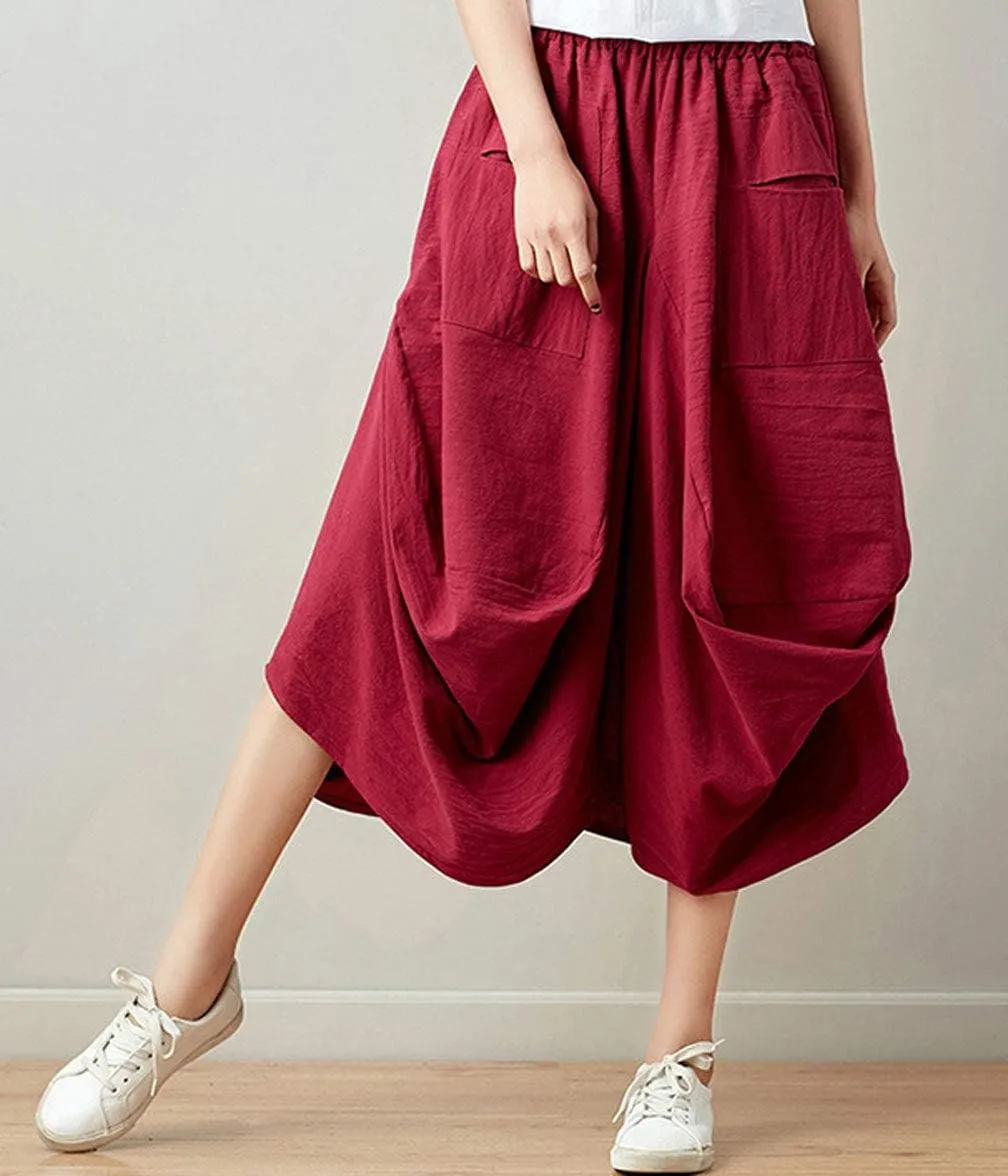 GGUHHU Womens Loose Fit Elastic Waist 2 Pockets Cotton Baggy Lantern Skirt