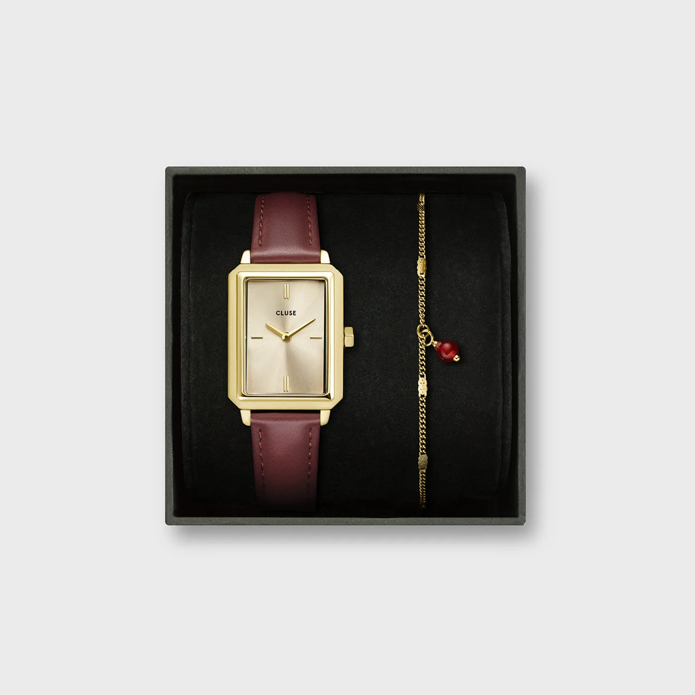 Gold Flüette Leather Watch and Chain Bracelet Gift Set with Box