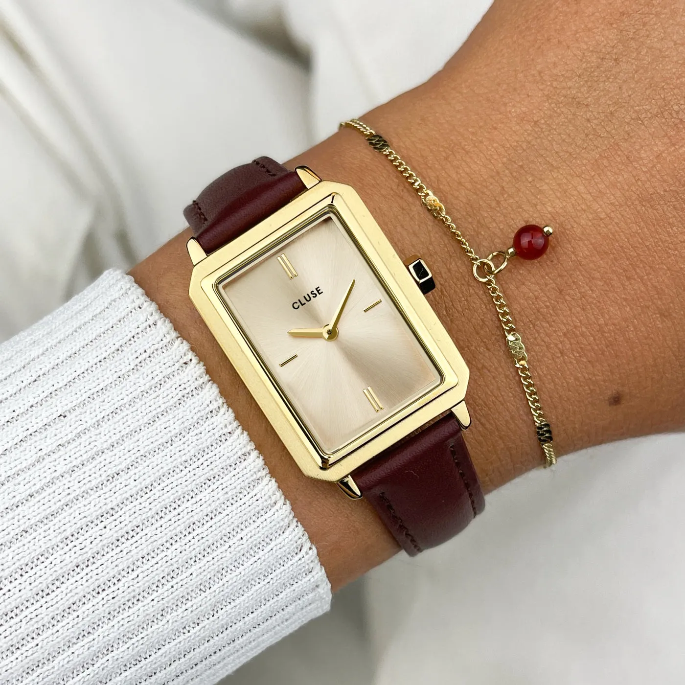 Gold Flüette Leather Watch and Chain Bracelet Gift Set with Box