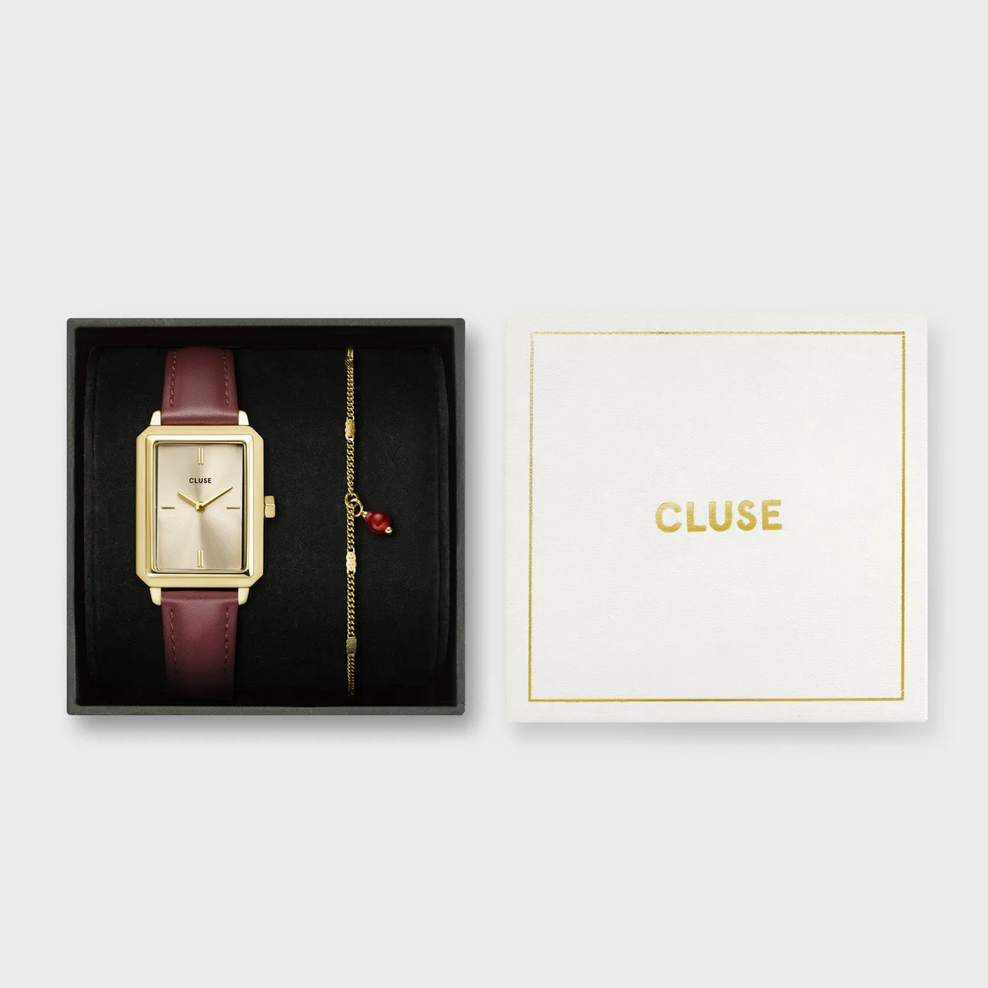 Gold Flüette Leather Watch and Chain Bracelet Gift Set with Box