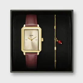 Gold Flüette Leather Watch and Chain Bracelet Gift Set with Box