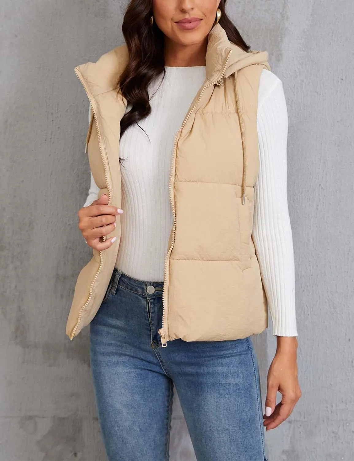 Gihuo Women's Hooded Puffer Vest Winter Warm Zip Up Vest Quilted Padded Gilet with Pockets