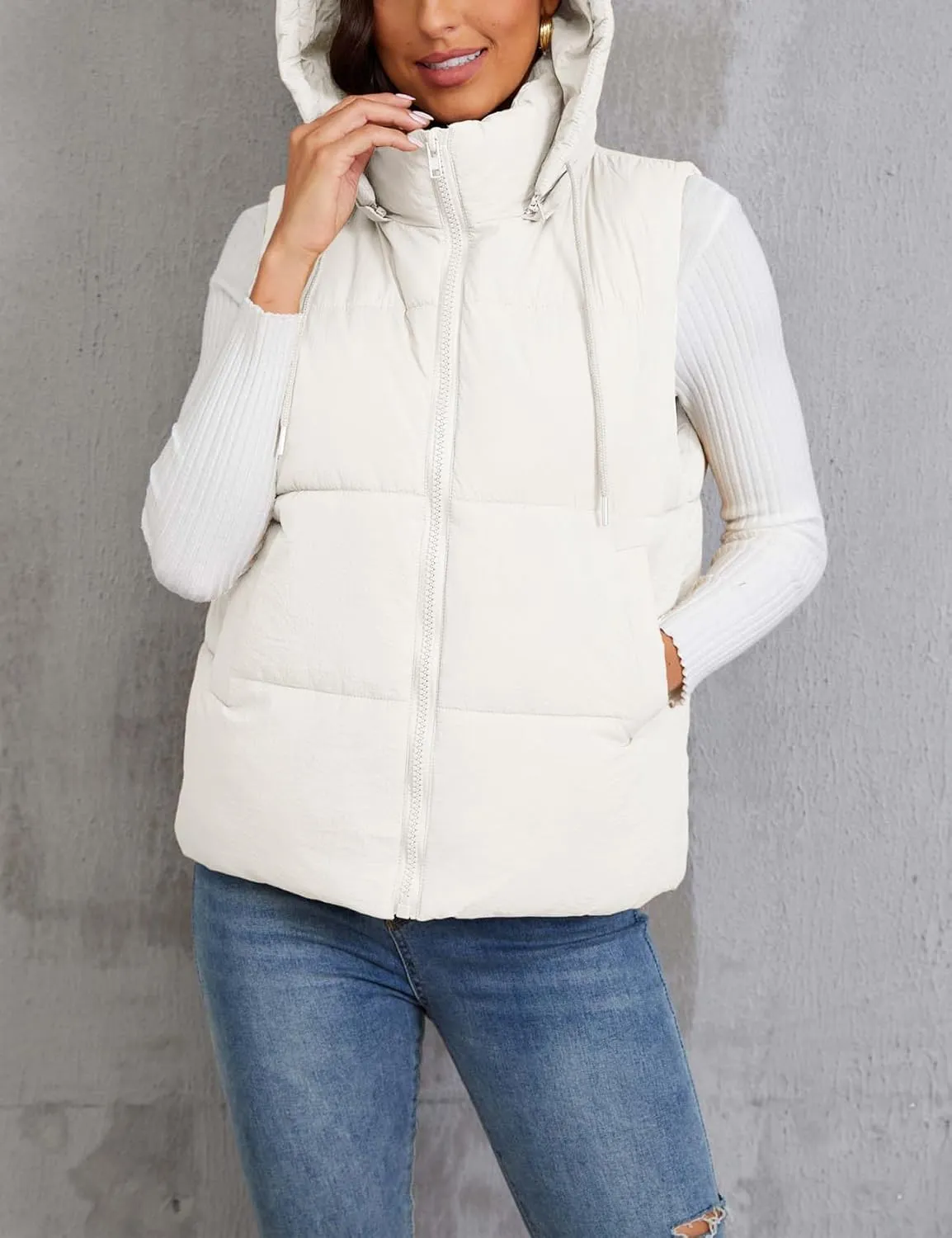 Gihuo Women's Hooded Puffer Vest Winter Warm Zip Up Vest Quilted Padded Gilet with Pockets
