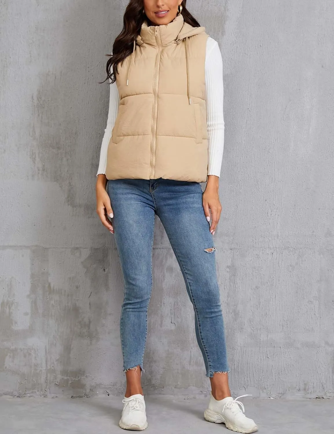 Gihuo Women's Hooded Puffer Vest Winter Warm Zip Up Vest Quilted Padded Gilet with Pockets