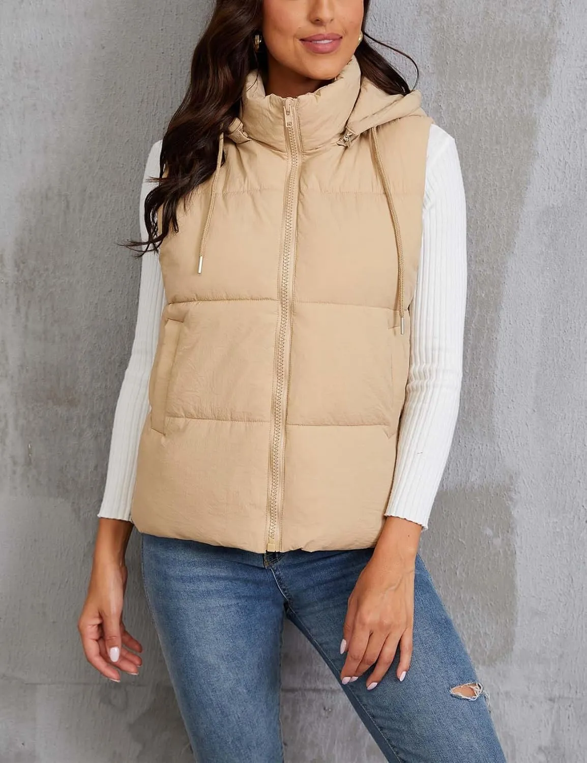 Gihuo Women's Hooded Puffer Vest Winter Warm Zip Up Vest Quilted Padded Gilet with Pockets