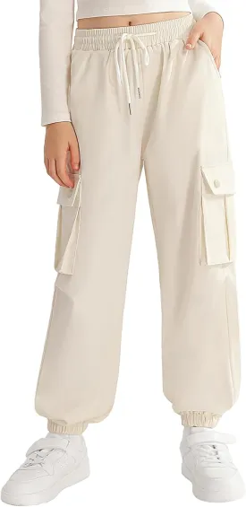 Girls Cargo Jogger Pants Parachute Pants with Elastic Waist and Pockets Cargo Trousers for Teens Girls 7-14 Years