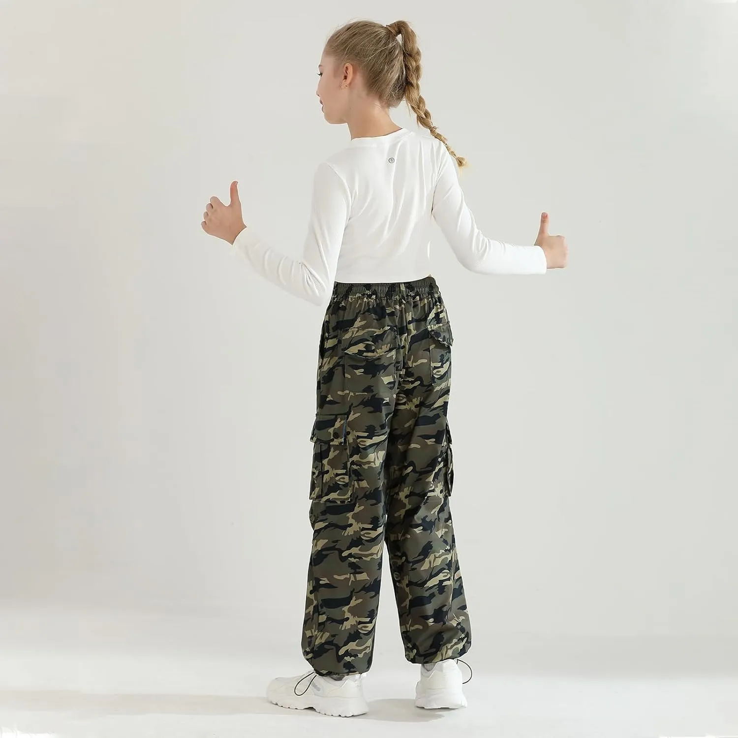 Girls Cargo Jogger Pants Parachute Pants with Elastic Waist and Pockets Cargo Trousers for Teens Girls 7-14 Years