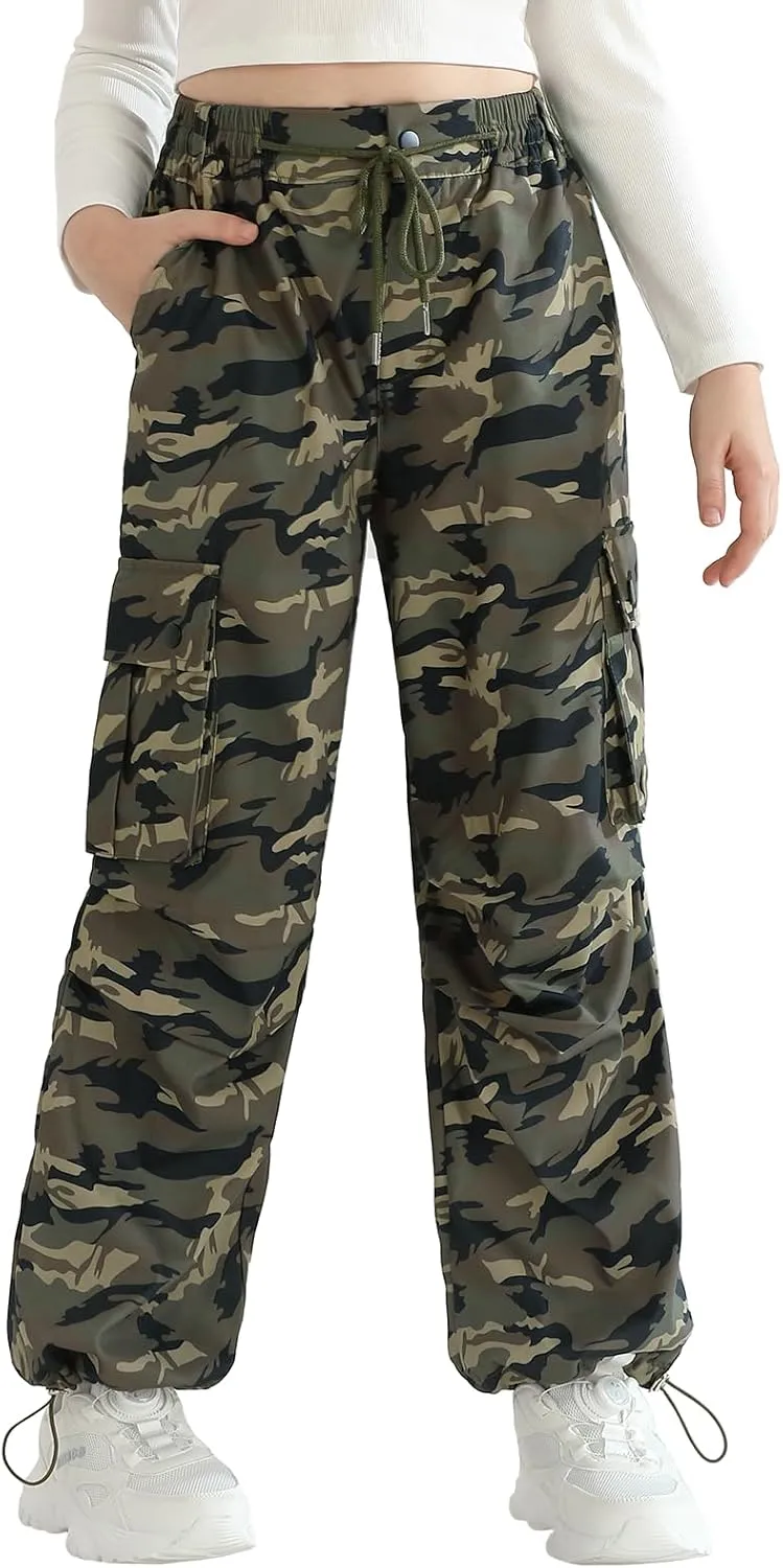 Girls Cargo Jogger Pants Parachute Pants with Elastic Waist and Pockets Cargo Trousers for Teens Girls 7-14 Years