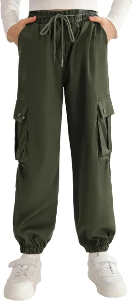 Girls Cargo Jogger Pants Parachute Pants with Elastic Waist and Pockets Cargo Trousers for Teens Girls 7-14 Years