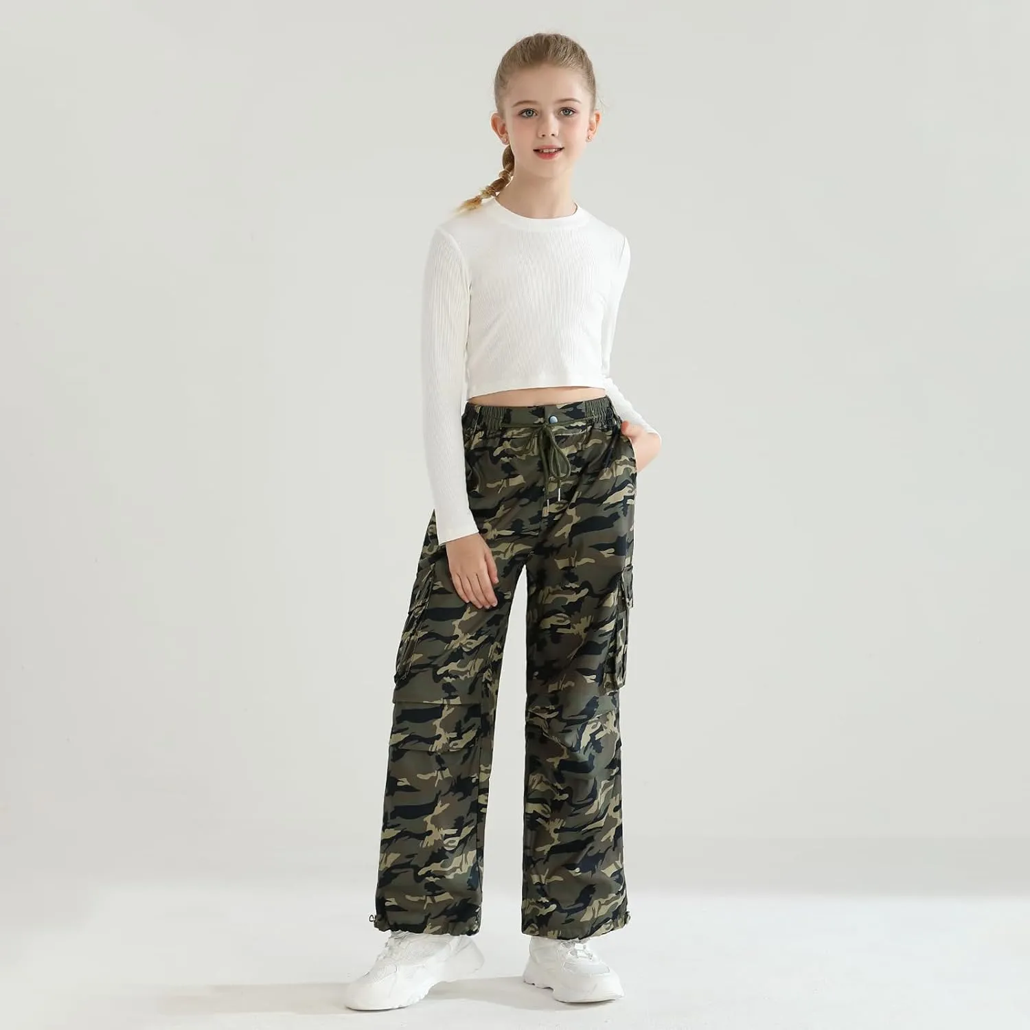 Girls Cargo Jogger Pants Parachute Pants with Elastic Waist and Pockets Cargo Trousers for Teens Girls 7-14 Years
