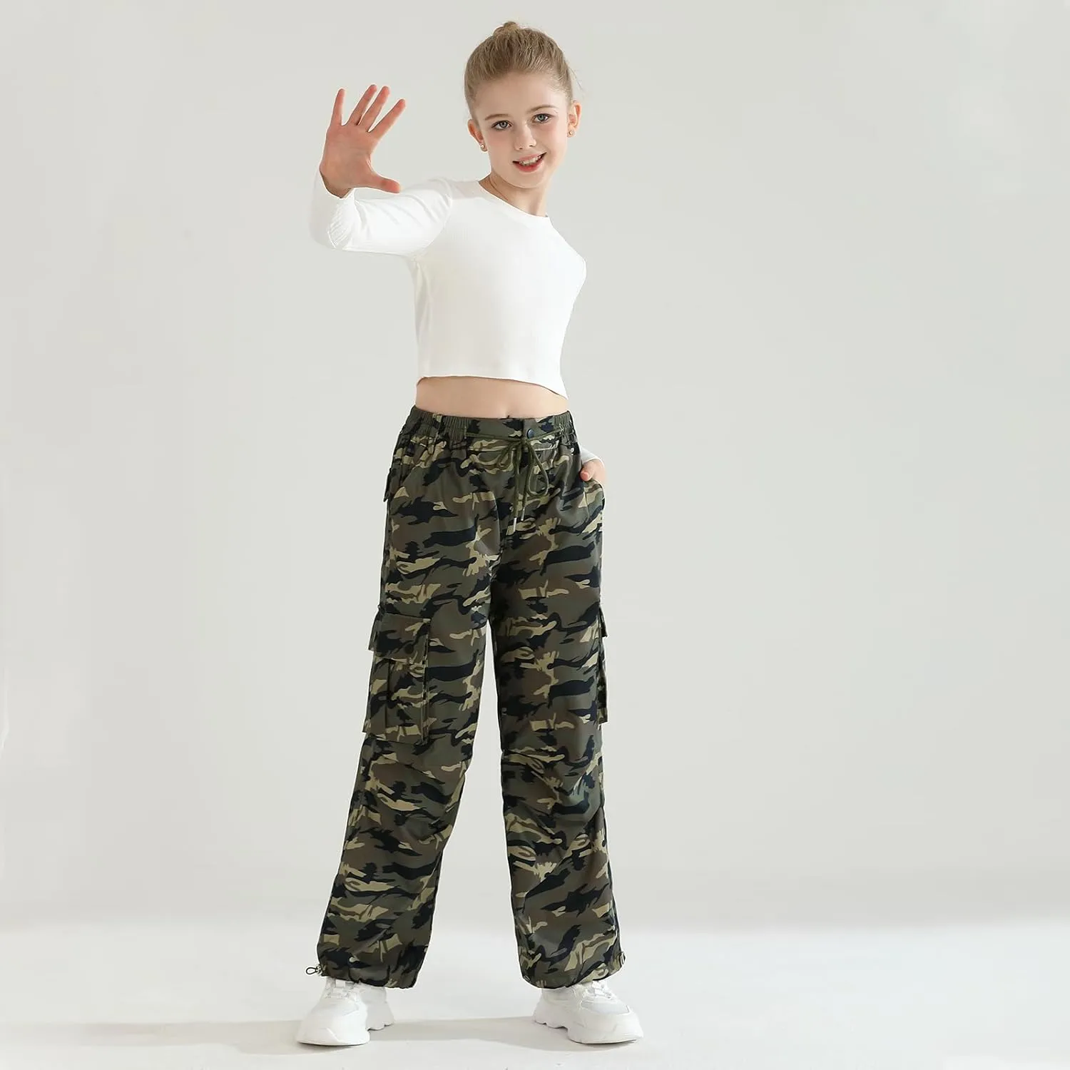 Girls Cargo Jogger Pants Parachute Pants with Elastic Waist and Pockets Cargo Trousers for Teens Girls 7-14 Years