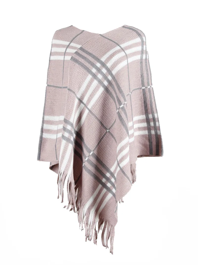 Haute Edition Women's Plaid Poncho with Fringe. One size fits all (S-XL).