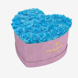 Heart Light Pink Suede Box | Light Blue Roses