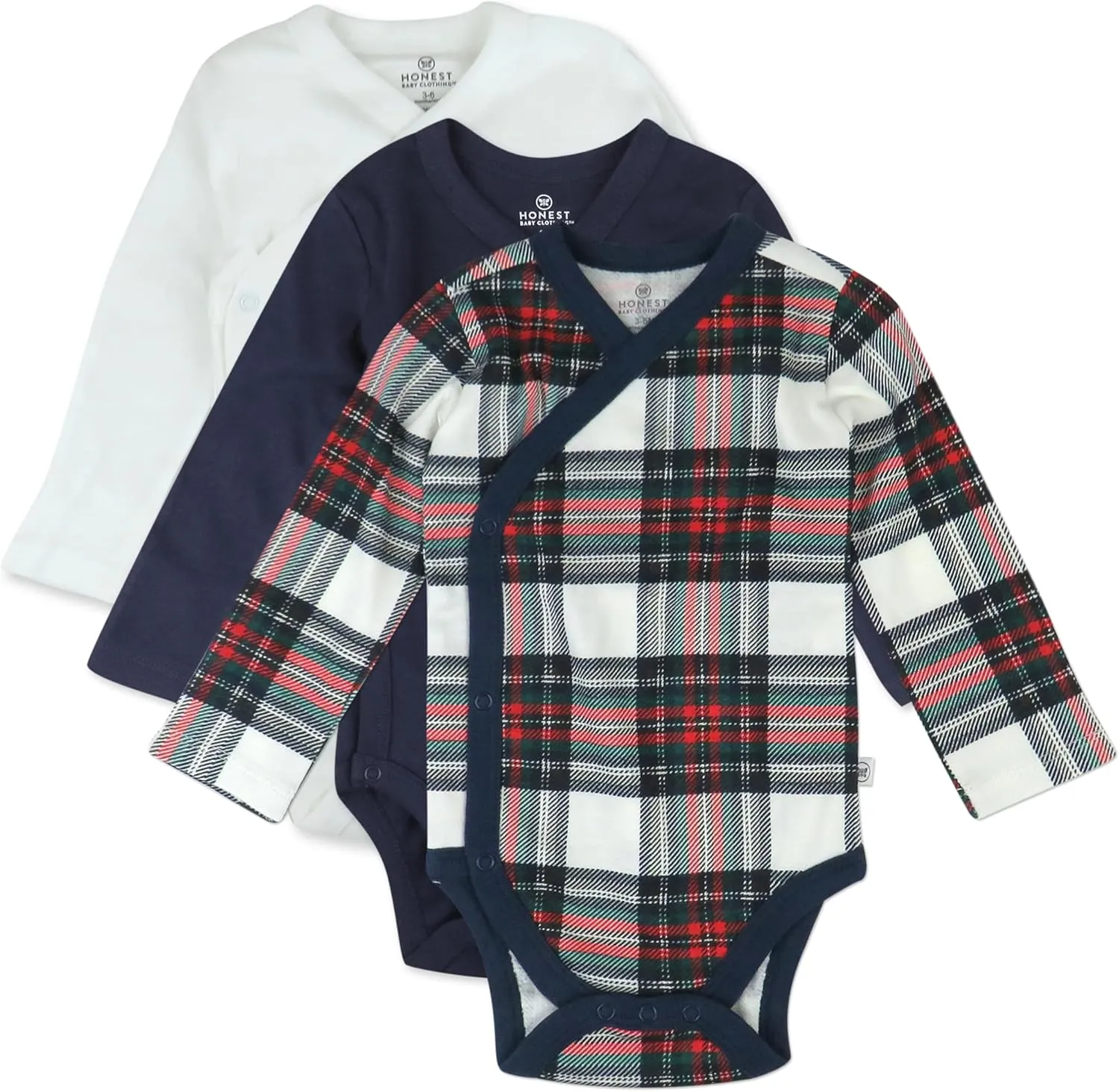 HonestBaby 3-Pack Organic Cotton Long Sleeve Kimono Bodysuits, Red Tartan, 6-9 Months