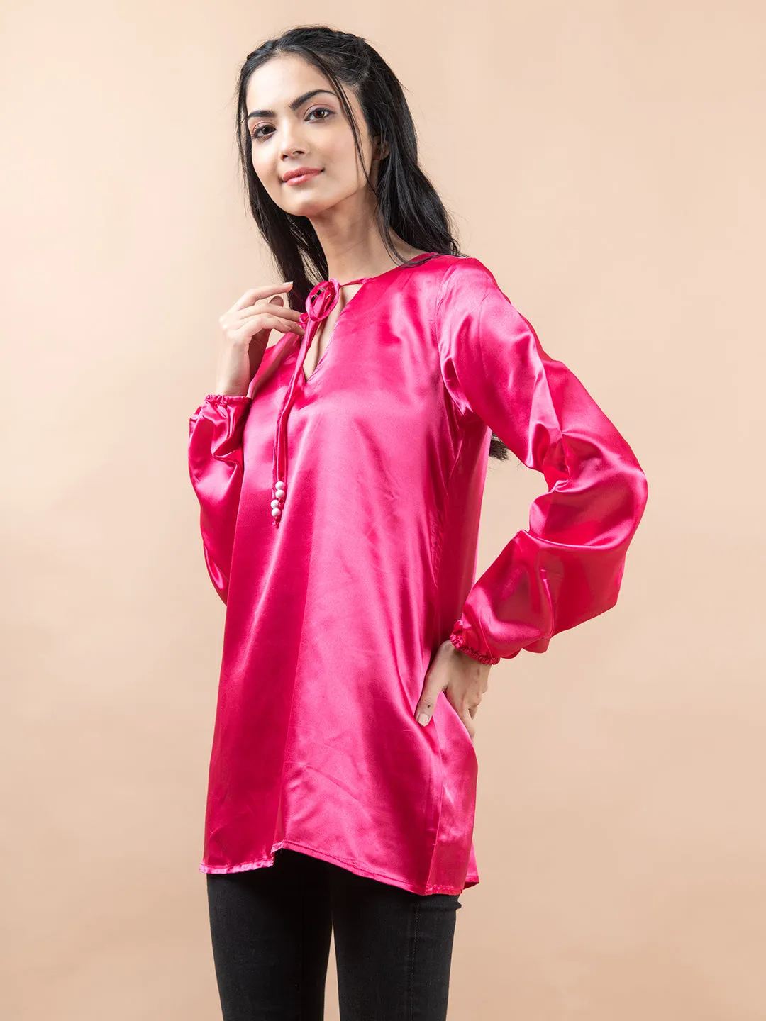 Hot Pink Satin Full Sleeves Top