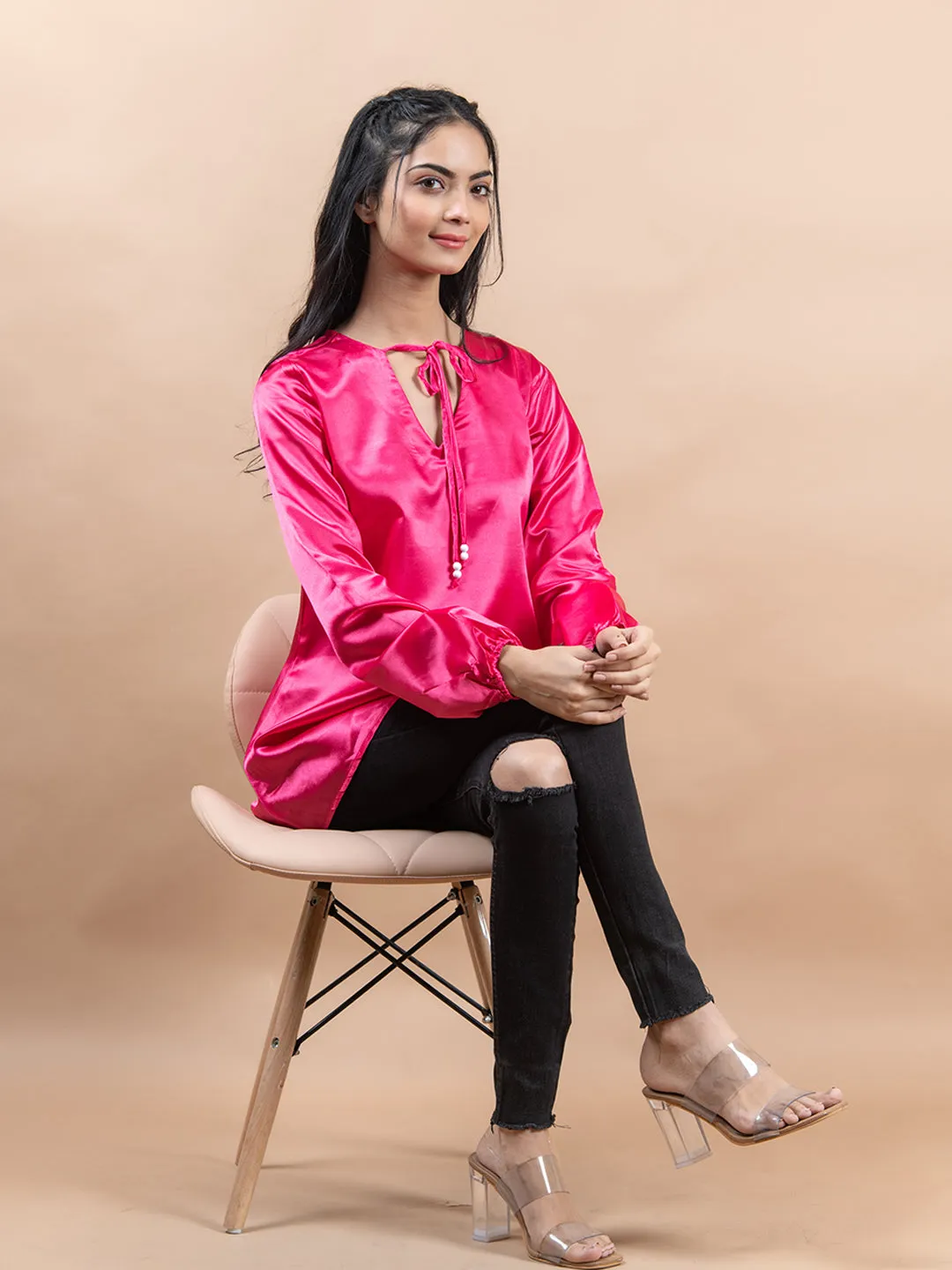 Hot Pink Satin Full Sleeves Top