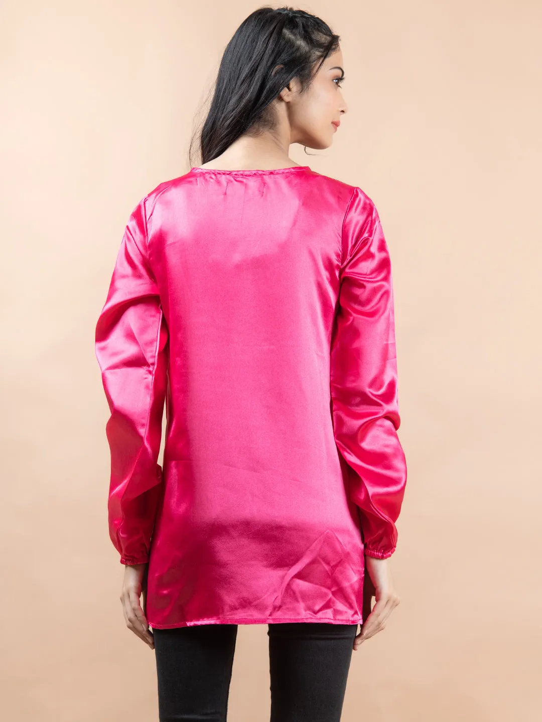 Hot Pink Satin Full Sleeves Top